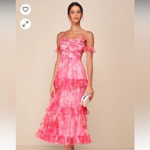 Exquisite Existence Pink Floral Mesh Pleated Ruffled Midi Dress